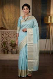 Pale Blue Cotton Malmal Sona Rupa Buti Banarasi Saree