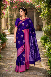 Indigo Blue Jacquard Banarasi Saree with Magenta, Golden and Silver Zari Border and Rose Butas