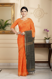 Orange and White Ajrakh Print Saree with Golden Zari Border