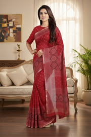 Red, White and Black Ajrakh Print Saree with Golden Zari Border