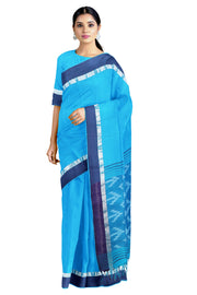 Blue Pallu Ikat Saree with Silver Zari and Denim Blue Border