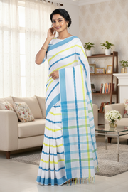 White Dobby Saree with Yellow and Blue Stripes and Border