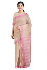 Self Striped Beige Dobby Saree with Pink Border