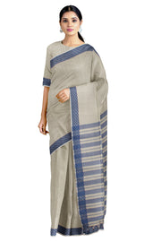 Self Striped Soft Fern Green Dobby Saree with Blue Border