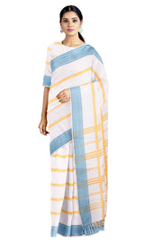 White Dobby Saree with Yellow Stripes and Blue Border