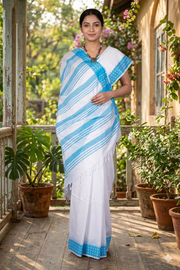 White Dobby Saree with Blue Border