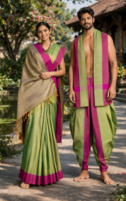 Green and Yellow Dobby Couple Set with Purple Border