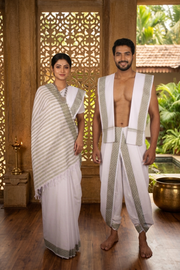 Traditional Handloom Couple Set in White with Self Striped and Green Dobby Border
