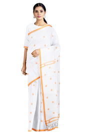 White Dobby Saree with Buti and Orange Dobby Border