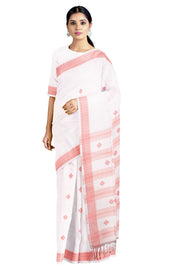 White Dobby Saree with Red Border and Butis