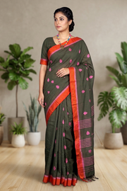 Green Dobby Saree with Orange and Pink Border and Butis