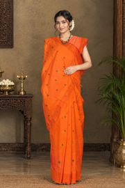 Orange Dobby Saree with Green and Red Border and Butis