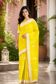 Turmeric Yellow Dobby Saree with White Butis and White Dobby Border
