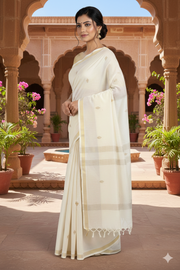 Off White Hand Spun Hand Woven Dobby Saree with Beige Border and Butis
