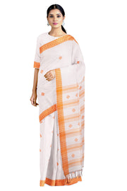White Dobby Saree with Orange Border and Butis