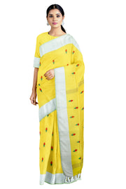 Dobby Mercerised Lemon Yellow Saree with Butis and Lime Green Border