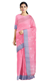 Pink Dobby Saree with Blue, Red and White Border and Butis