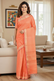 Orange and Golden Zari Jacquard Saree with Magenta Border
