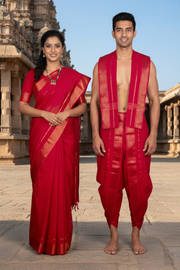 Red Dobby Couple Set with Golden Zari Border