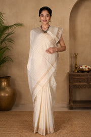 Beige Dobby Saree with Checks and Golden Zari Border