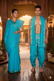 Blue Dobby Couple Set with Golden Zari Border