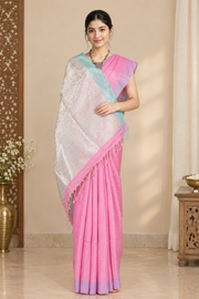 Pink and Silver Zari Dobby Base Saree with Blue Border