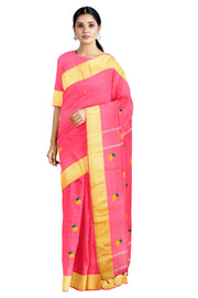 Magenta Dobby Saree with Silver Zari, Green and Yellow Border and Butis