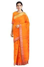 Tangerine Orange Dobby Saree with Green, Yellow, Golden Zari and Red Border and Butis