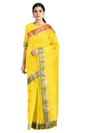 Yellow Dobby Saree with Golden Zari, Green and Red Border and Butis