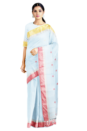 Sky Blue Dobby Saree with Yellow, Red Butis and Magenta, Yellow Border