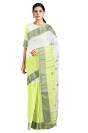 White and Lime Green Dobby Mercerised Manipuri Saree with Green Border