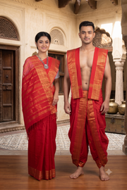 Traditional Handloom Joda Set in Red with Buti and Goldan Zari Dobby Border