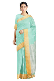 Green Dobby Saree with Yellow and Silver Zari Border and White Lined Butis