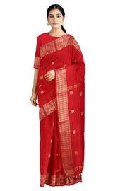 Red Mercerised Dobby Saree with Buti and Goldan Zari Border
