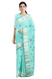 Cyan Dobby Saree with Silver Zari and Blue Border