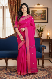 Magenta Dobby Saree with White, Golden Zari and Purple Border and Butis