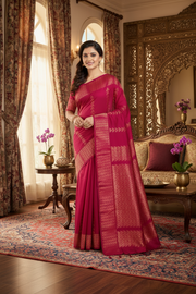 Magenta Dobby Saree with Golden Zari Border and Striped Butis