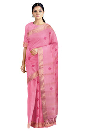 Pink Dobby Saree with Golden Zari Border and Magenta Butis