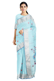 Sky Blue Paithani Saree with Buti and Silver Zari Border