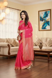 Magenta Dobby Mercerised Saree with Buti and Goldan Zari Border