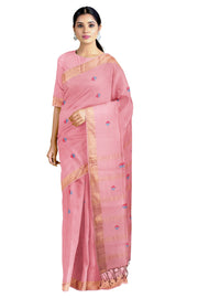 Peach Dobby Saree with Golden Zari Border and Magenta and Blue Butis