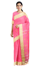 Dobby Mercerised Carrot Pink Saree with buti and Yellow, Silver Zari Border