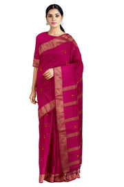 Magenta Dobby Saree with Golden Zari Border and Red, Green and Yellow Butis