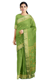 Green Mercerised Cotton Saree with Golden Zari Border and Butis