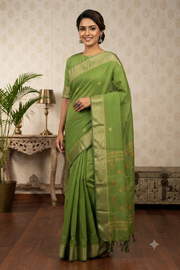 Green Mercerised Cotton Saree with Golden Zari Border and Butis