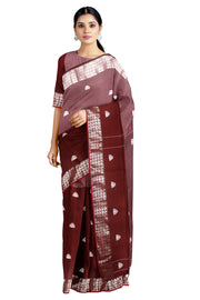 Brown and Purple Dobby Saree with Red and Silver Zari Border and White Butis