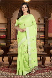 Green Dobby Saree with Silver Zari Border and Magenta Butis