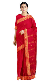 Red Dobby Saree with Golden Zari Border and Butis