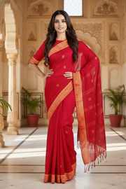 Red Dobby Saree with Golden Zari Border and Butis