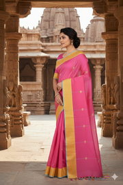 Magenta Dobby Saree with Blue and Yellow Border and Striped Butis